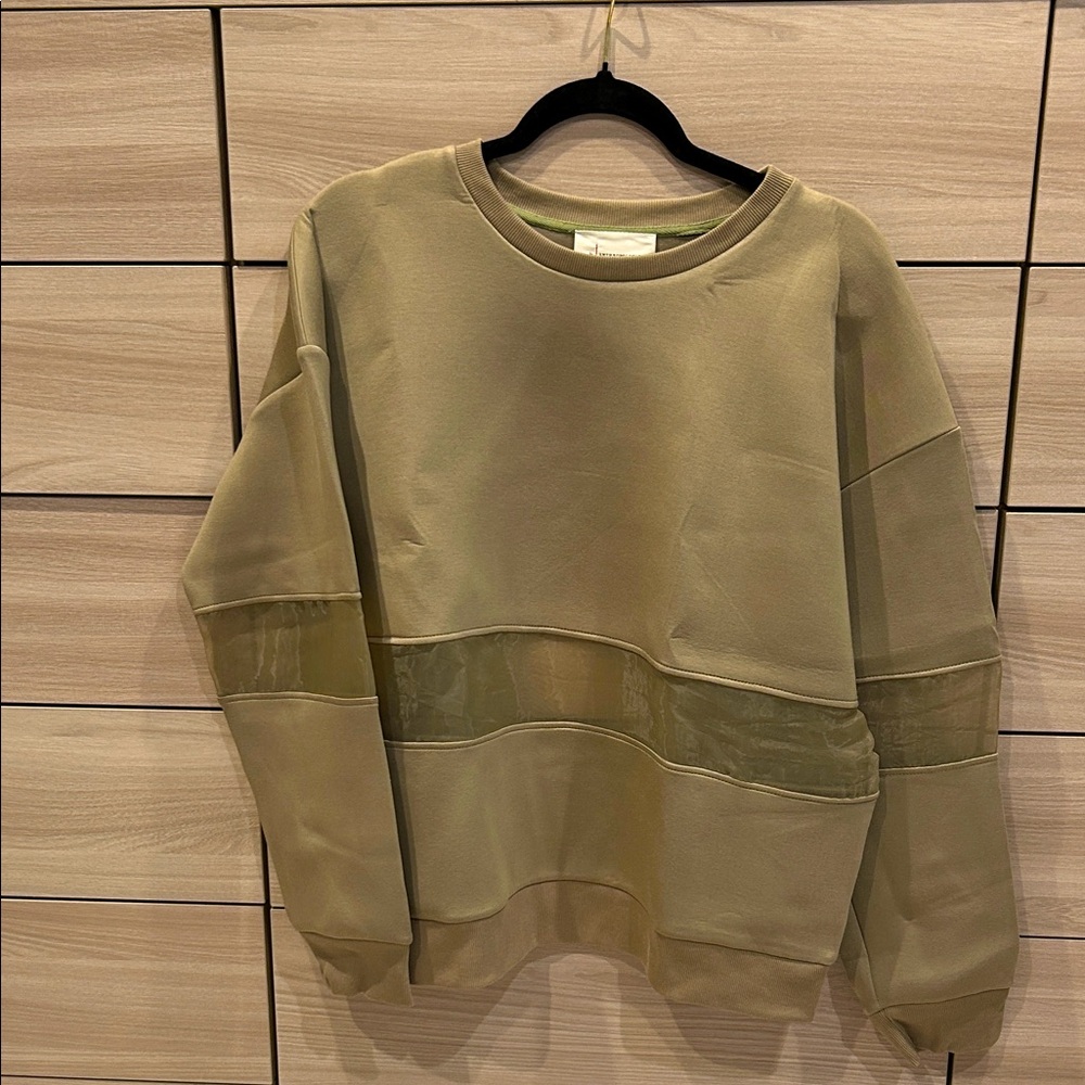 Anthropologie Woman’s Khaki Crewneck Sweatshirt with sheer panel